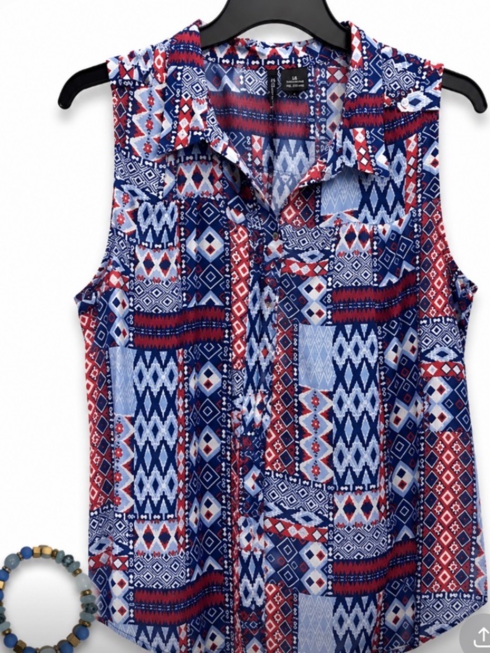 New Directions Woman boho top featuring a blue and red Aztec pattern.